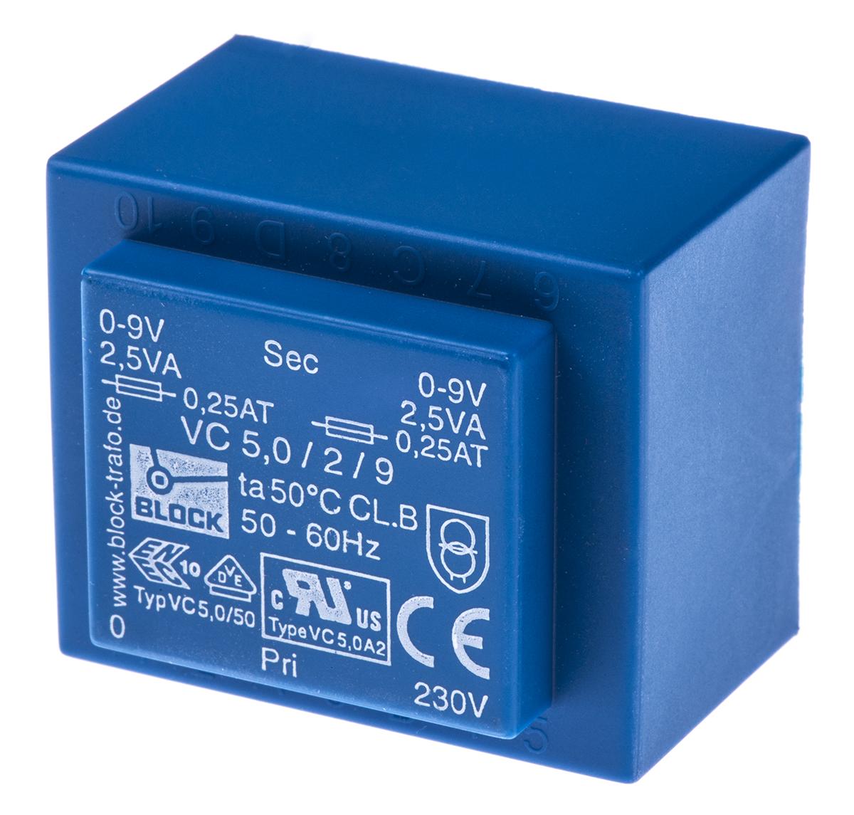 Block Printtrafo, Trafo 230V ac / 9V ac 5VA 2 Ausg. 44mm x 33mm x 37mm 190g Durchsteckmontage