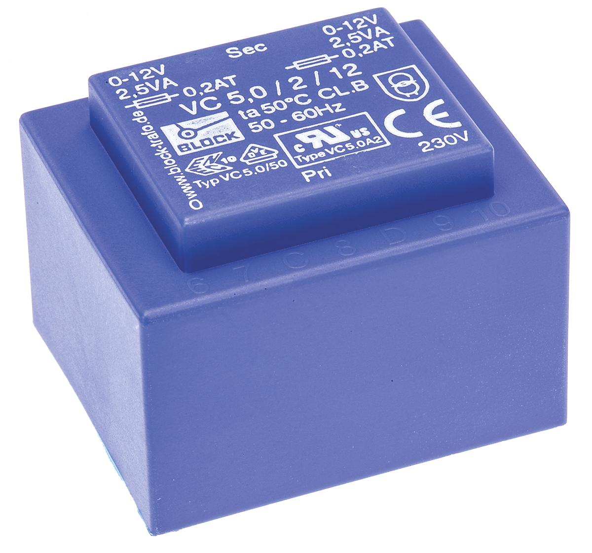 Block Printtrafo, Trafo 230V ac / 12V ac 5VA 2 Ausg. 44mm x 33mm x 37mm 190g Durchsteckmontage