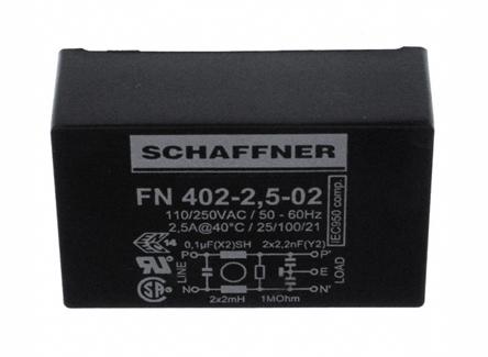 Schaffner FN402 Entstörfilter, 250 V ac, 2.5A, Durchsteckmontage, Pin, 1-phasig 0,373 mA / 400Hz Single Stage Zustände