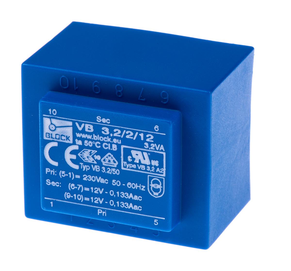 Block Printtrafo, Trafo 230V ac / 12V ac 3.2VA 2 Ausg. 41mm x 30.8mm x 35mm 173g Durchsteckmontage