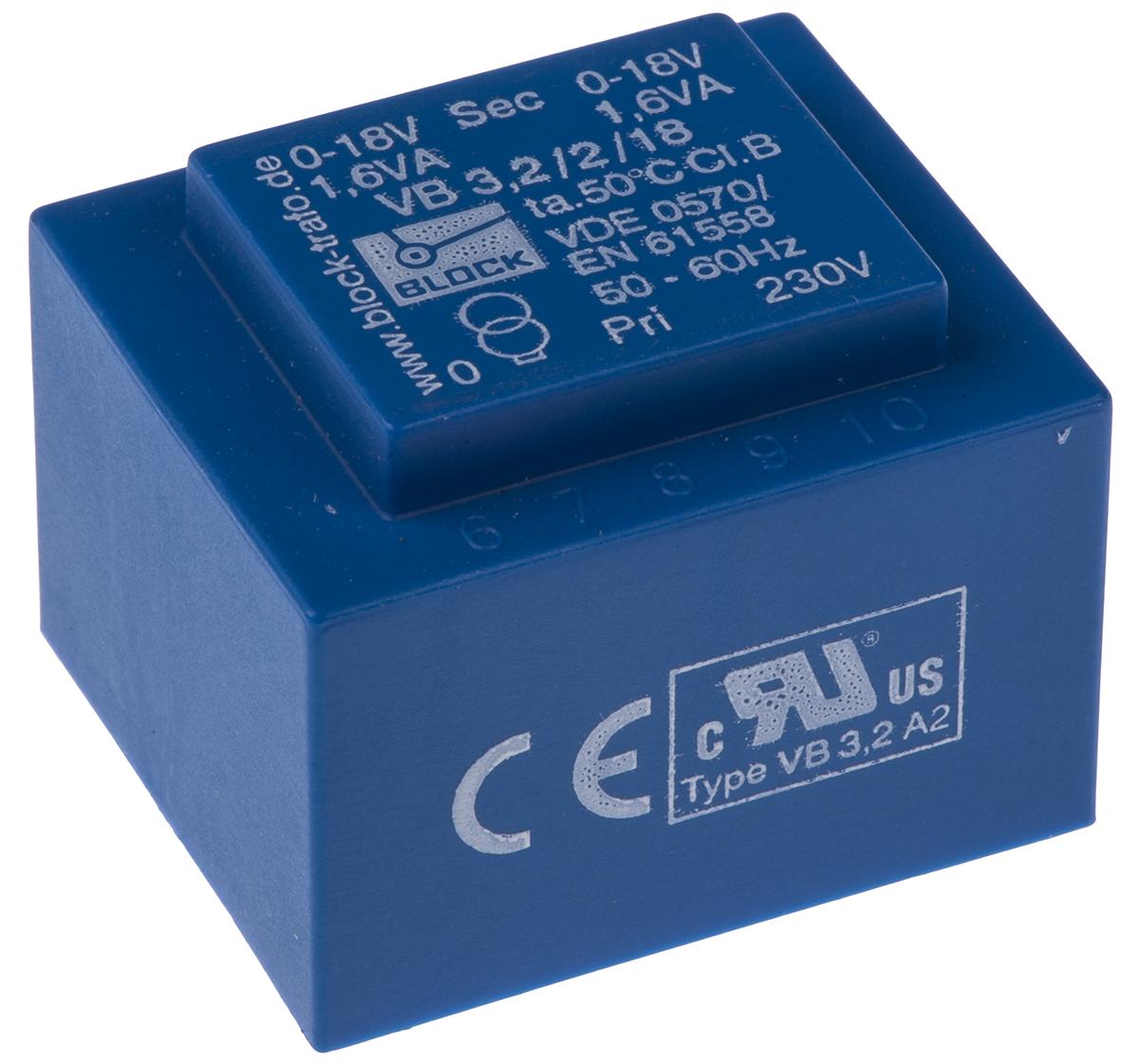 Block Printtrafo, Trafo 230V ac / 18V ac 3.2VA 2 Ausg. 41mm x 30.8mm x 35mm 173g Durchsteckmontage