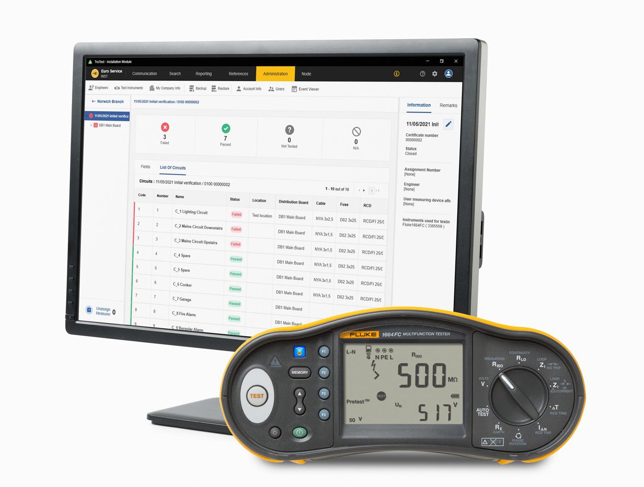 Fluke 1664FC SCH FTT KIT Multifunktionsprüfgerät, Phase-Erde, Phase-Neutral autom.RCD Rampentest , 50V, 500V max.