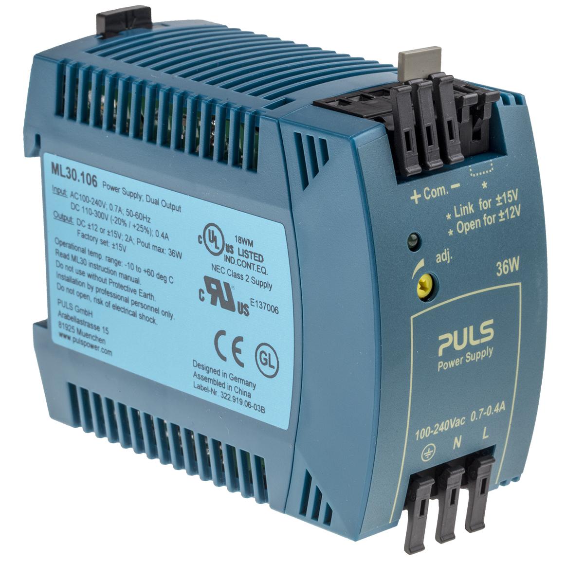 Produktfoto 1 von PULS MiniLine MLY 2-Kanal Switch-Mode DIN-Schienen Netzteil 36W, 100 → 240V ac, ±12 V dc, ±15 V dc / 1.5A