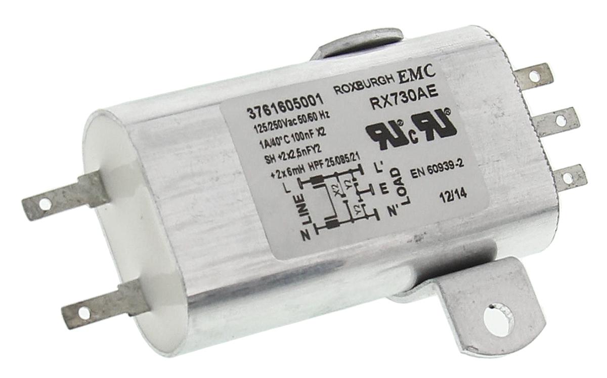 Roxburgh EMC RX730 Entstörfilter, 250 V ac, 1A, Gehäusemontage, Flachstecker, 1-phasig 0,24 mA / 60Hz