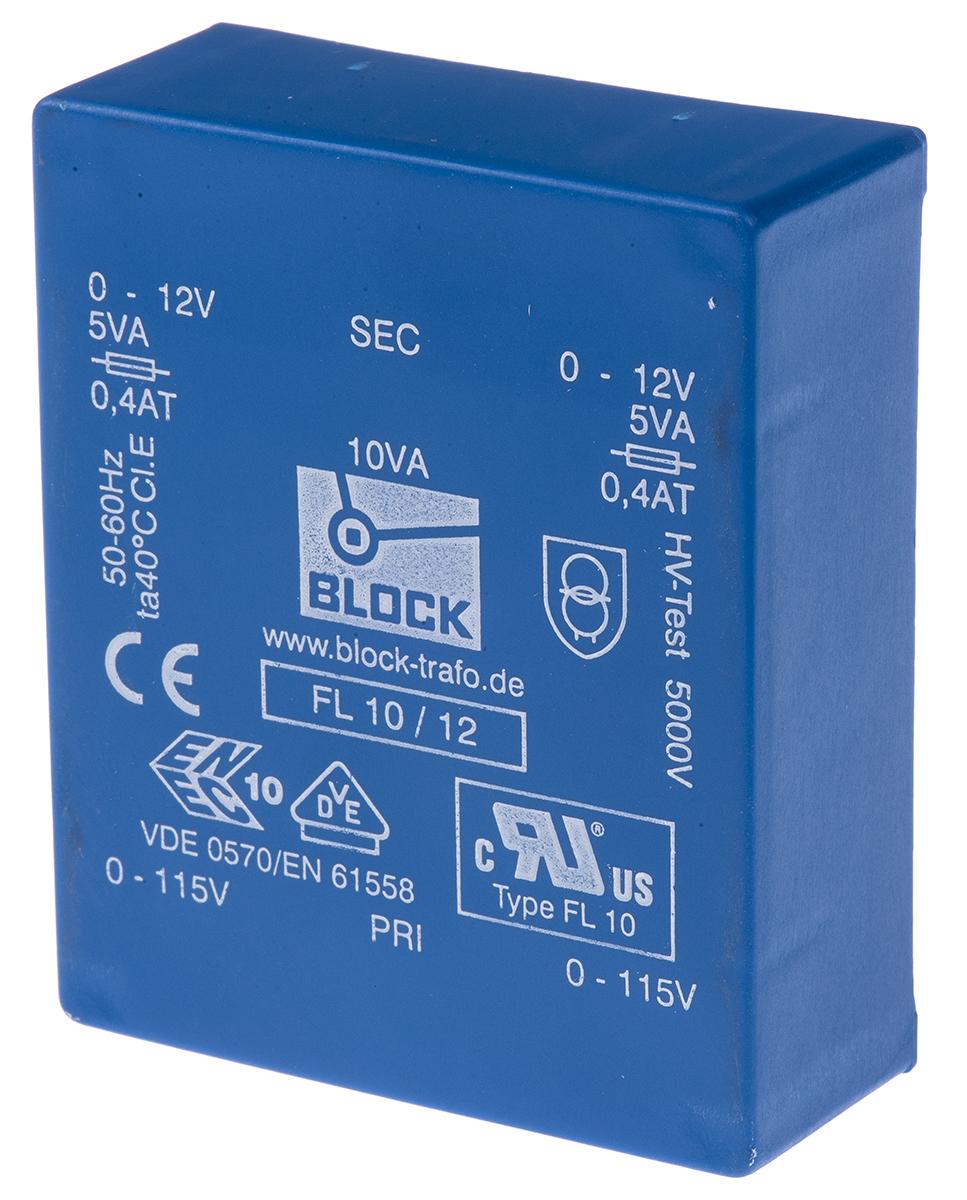 Block Printtrafo, Trafo 115V ac, 230V ac / 12V ac 10VA 2 Ausg. 68mm x 22.8mm x 57mm 280g Durchsteckmontage