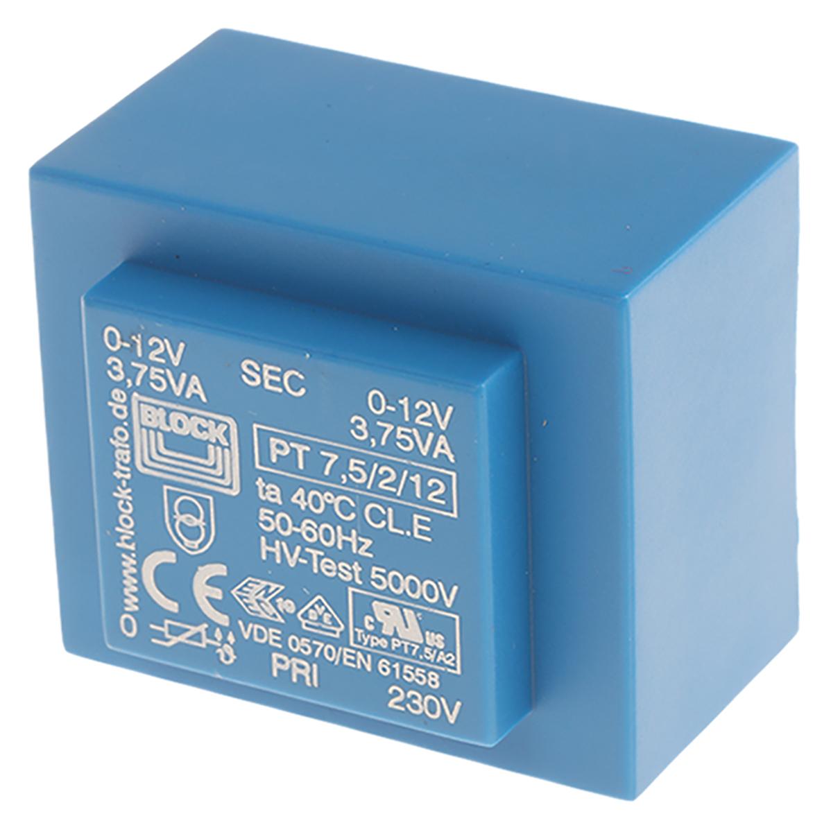 Block Printtrafo, Trafo 230V ac / 12V ac 7.5VA 2 Ausg. 51mm x 36mm x 43mm 280g Durchsteckmontage