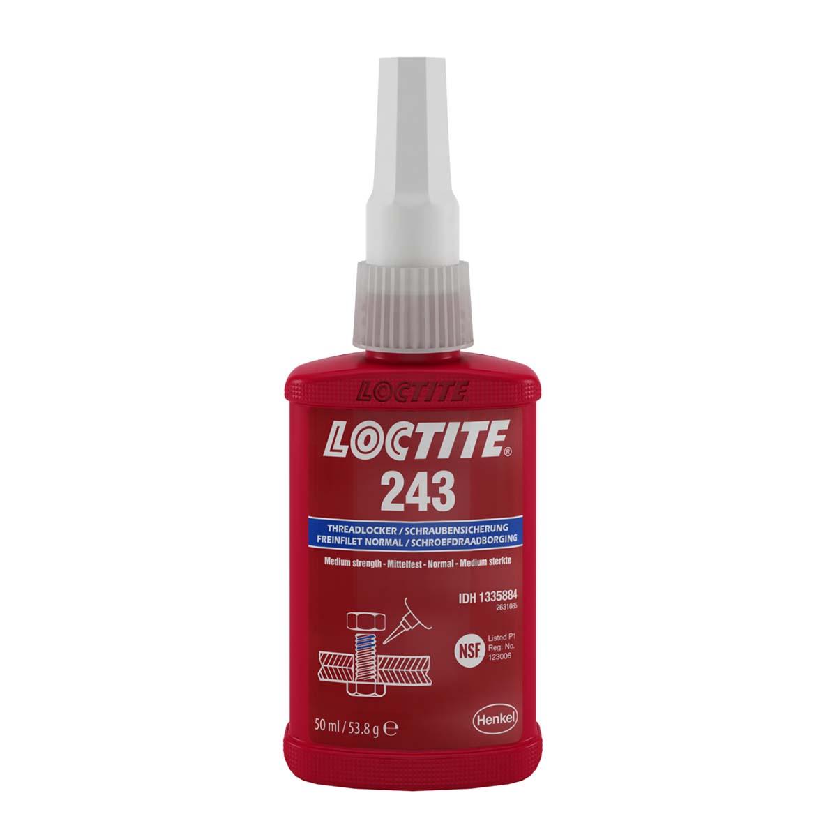 Produktfoto 1 von Loctite 243 Schraubensicherungsklebstoff anaerob Flüssig Blau , Flasche 50 ml, Mittelfest aushärtend in 24 h