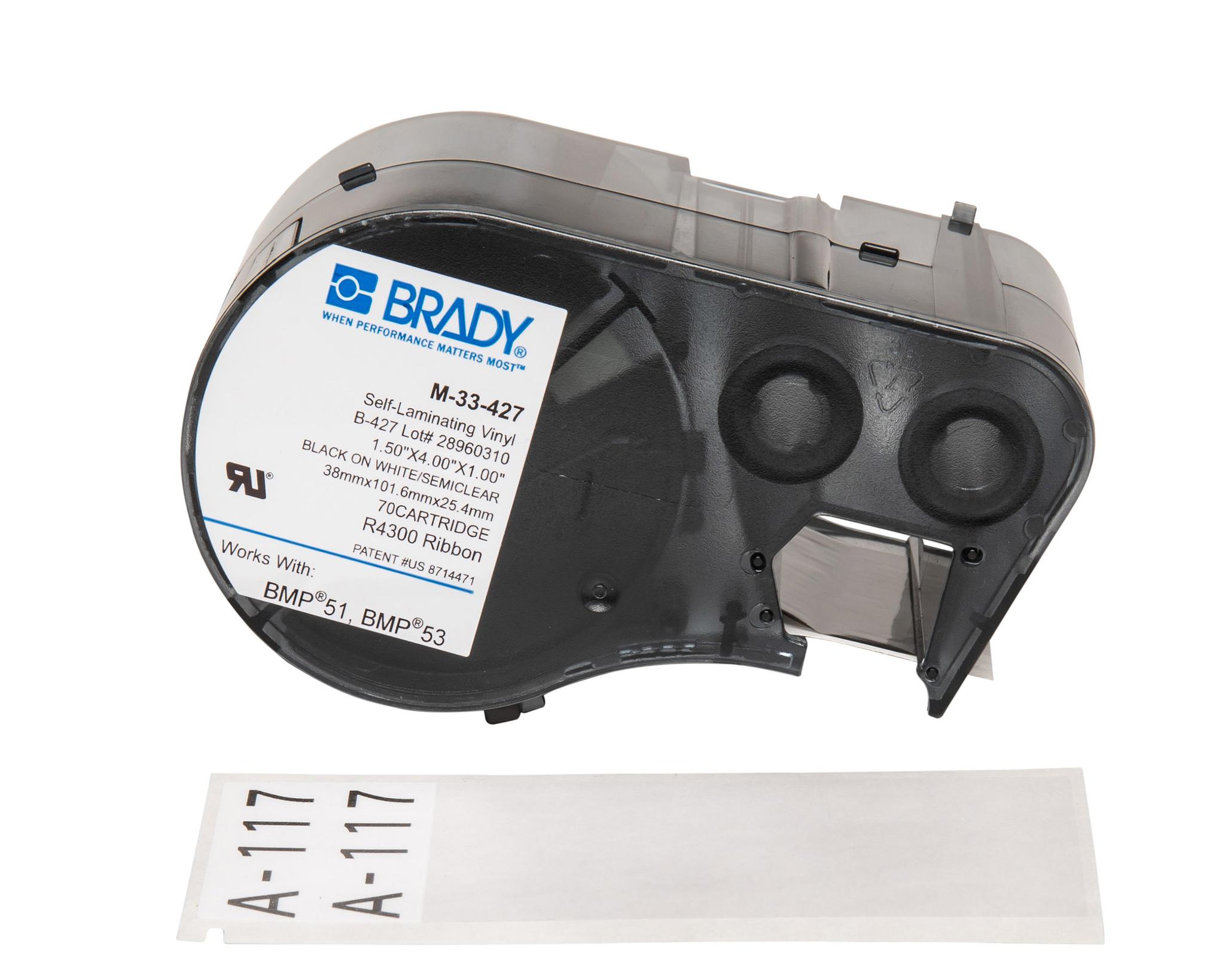 Produktfoto 1 von Brady B-427 Self-laminating Vinyl Beschriftungsband Schwarz für BMP51, BMP53 auf Weiß/Transparent