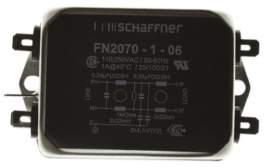 Produktfoto 1 von Schaffner FN2070 Entstörfilter, 250 V ac, 1A, Gehäusemontage 2.4W, Flachstecker, 1-phasig 0,734 mA / 400Hz Two Stage