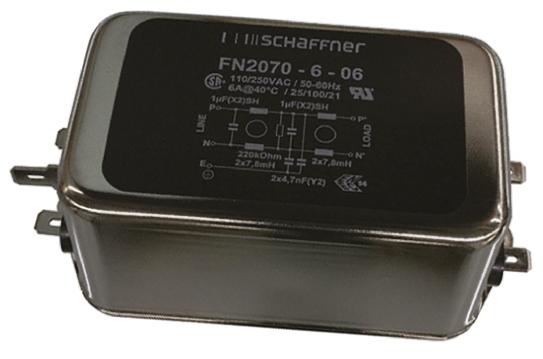 Produktfoto 1 von Schaffner FN2070 Entstörfilter, 110 V ac, 250 V ac, 6A, Gehäusemontage 3.2W, Flachstecker, 1-phasig 0,734 mA / DC