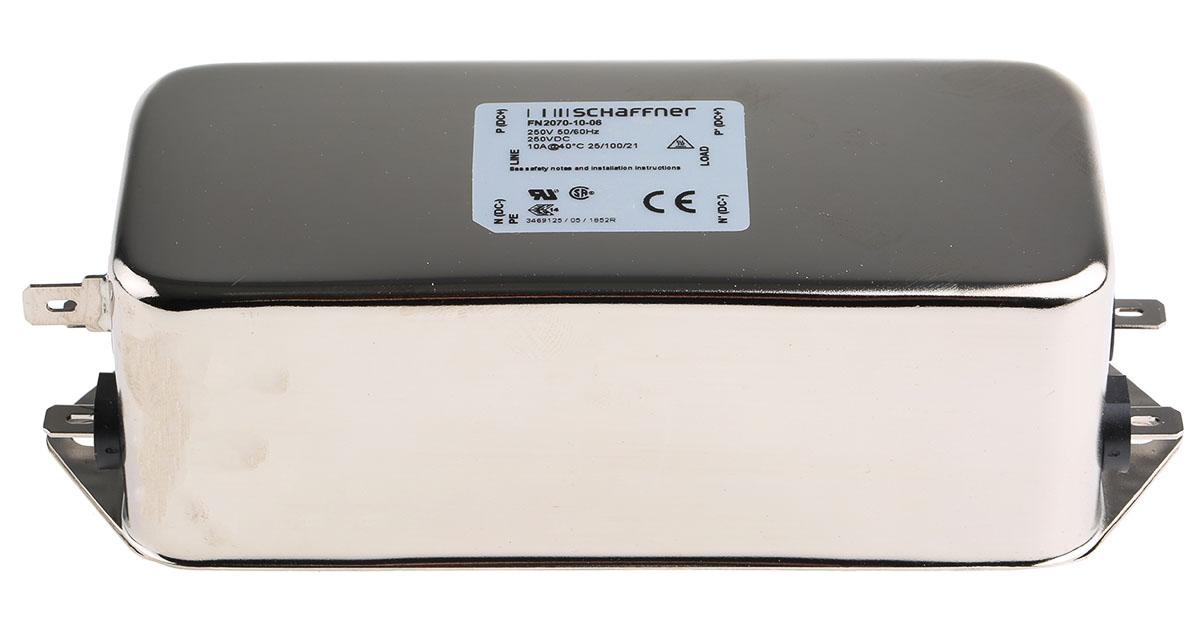 Produktfoto 1 von Schaffner FN2070 Entstörfilter, 250 V ac, 10A, Gehäusemontage 9.1W, Flachstecker, 1-phasig 0,734 mA / 400Hz Two Stage