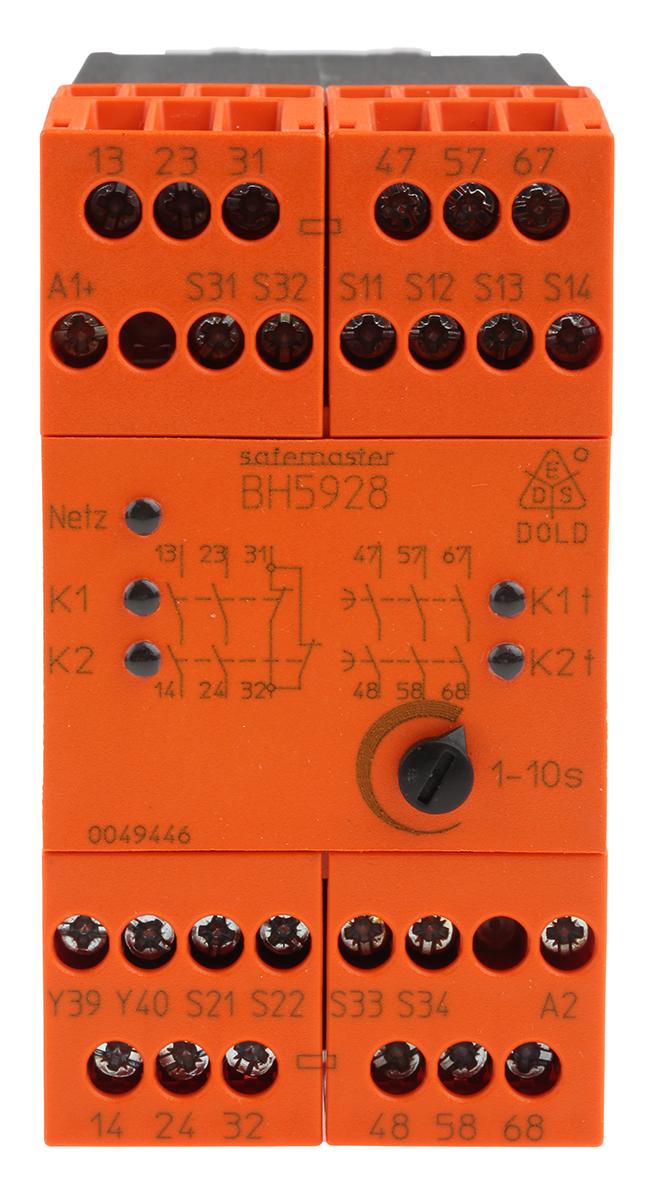 Dold BH 5928 Sicherheitsrelais, 24V ac/dc, 1, 2-Kanal, 3 Sicherheitskontakte Not-Aus, 4 ISO 13849-1 3 SIL IEC 61508