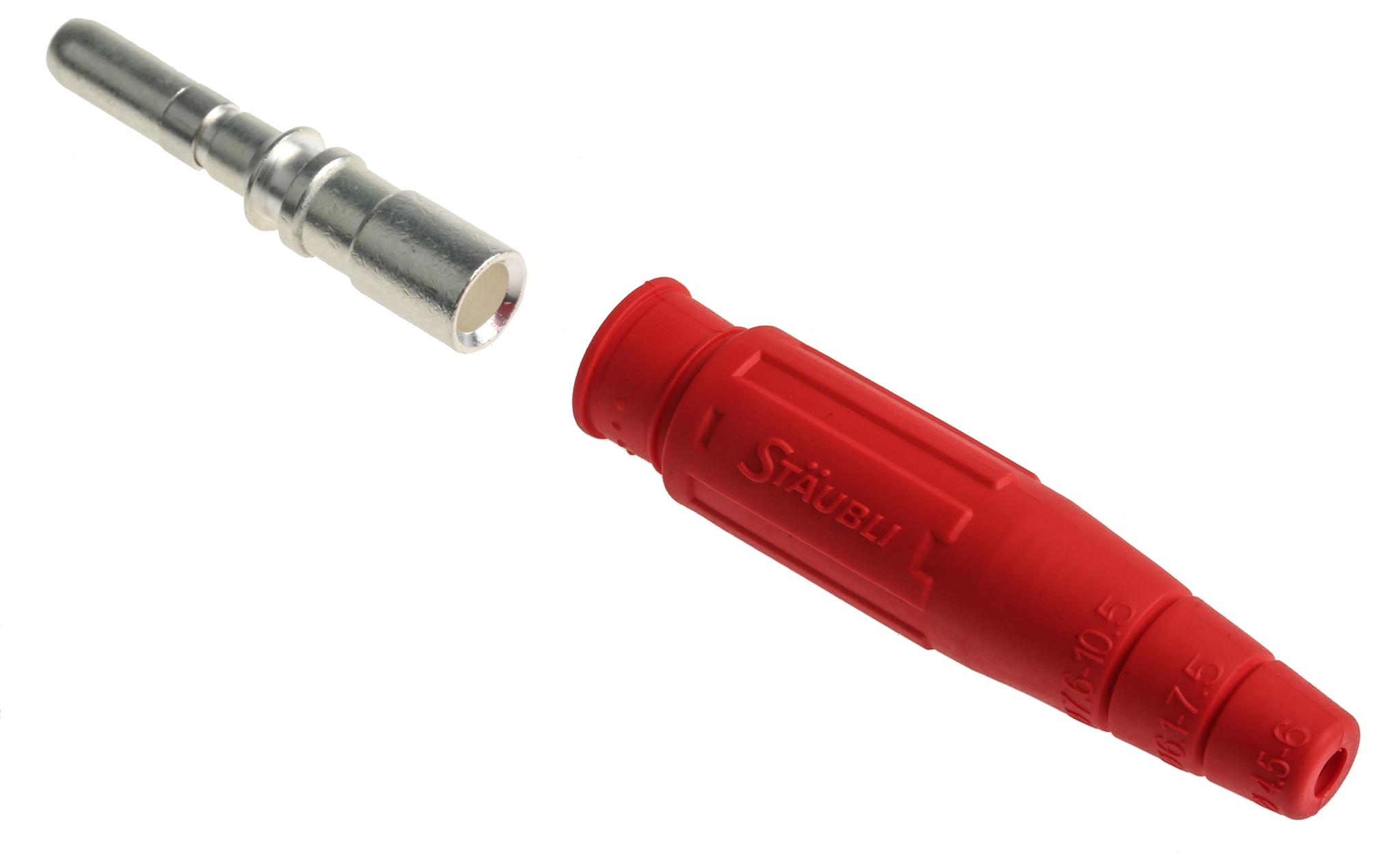 Produktfoto 1 von Stäubli 6 mm Bananenstecker Rot, Kontakt versilbert, 600V / 100A, Crimpanschluss