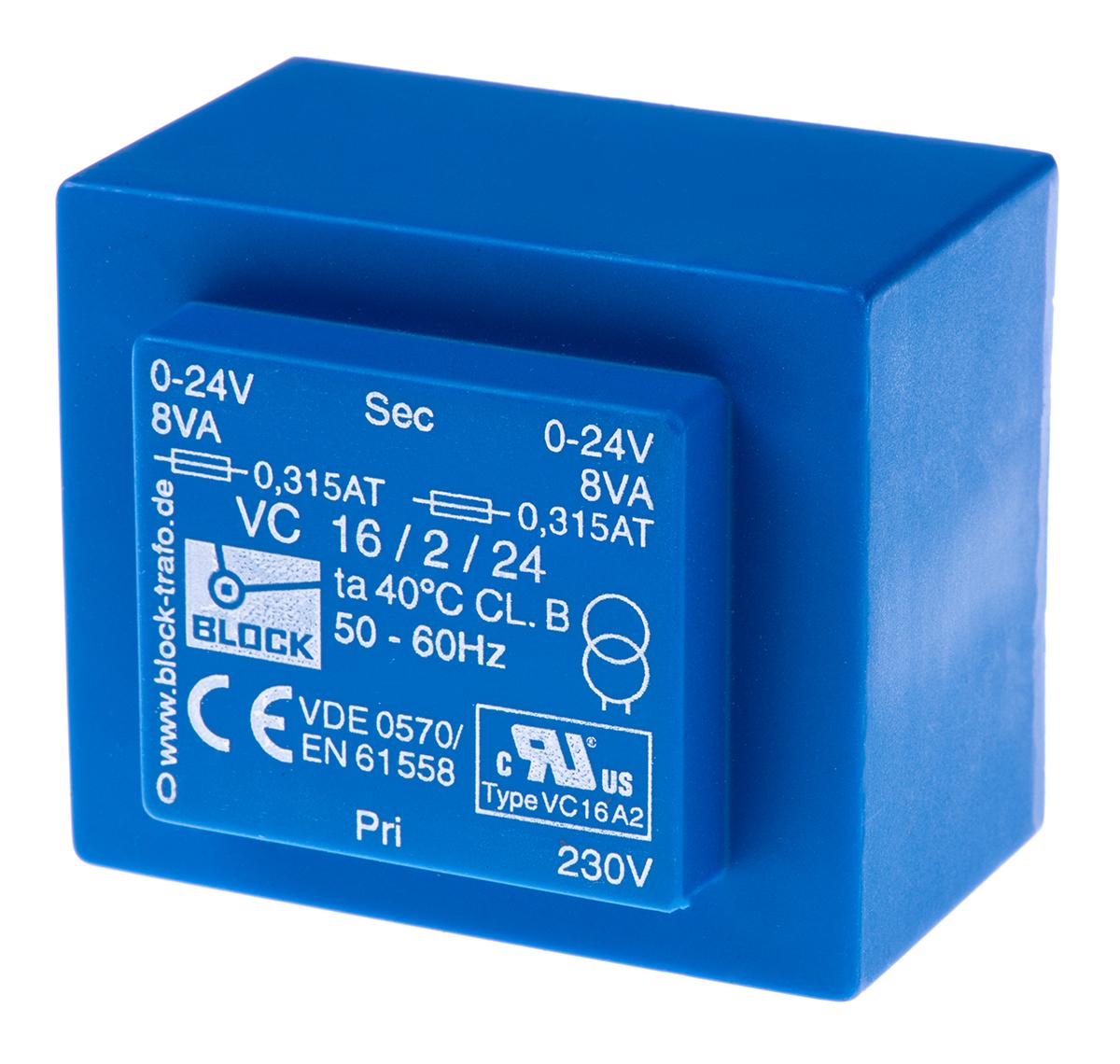 Block Printtrafo, Trafo 230V ac / 24V ac 16VA 2 Ausg. 57mm x 39mm x 48mm 420g Durchsteckmontage