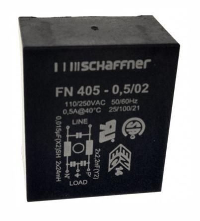 Produktfoto 1 von Schaffner FN405 Entstörfilter, 250 V ac, 500mA, Pin 0,373 mA / 400Hz Single Stage Zustände