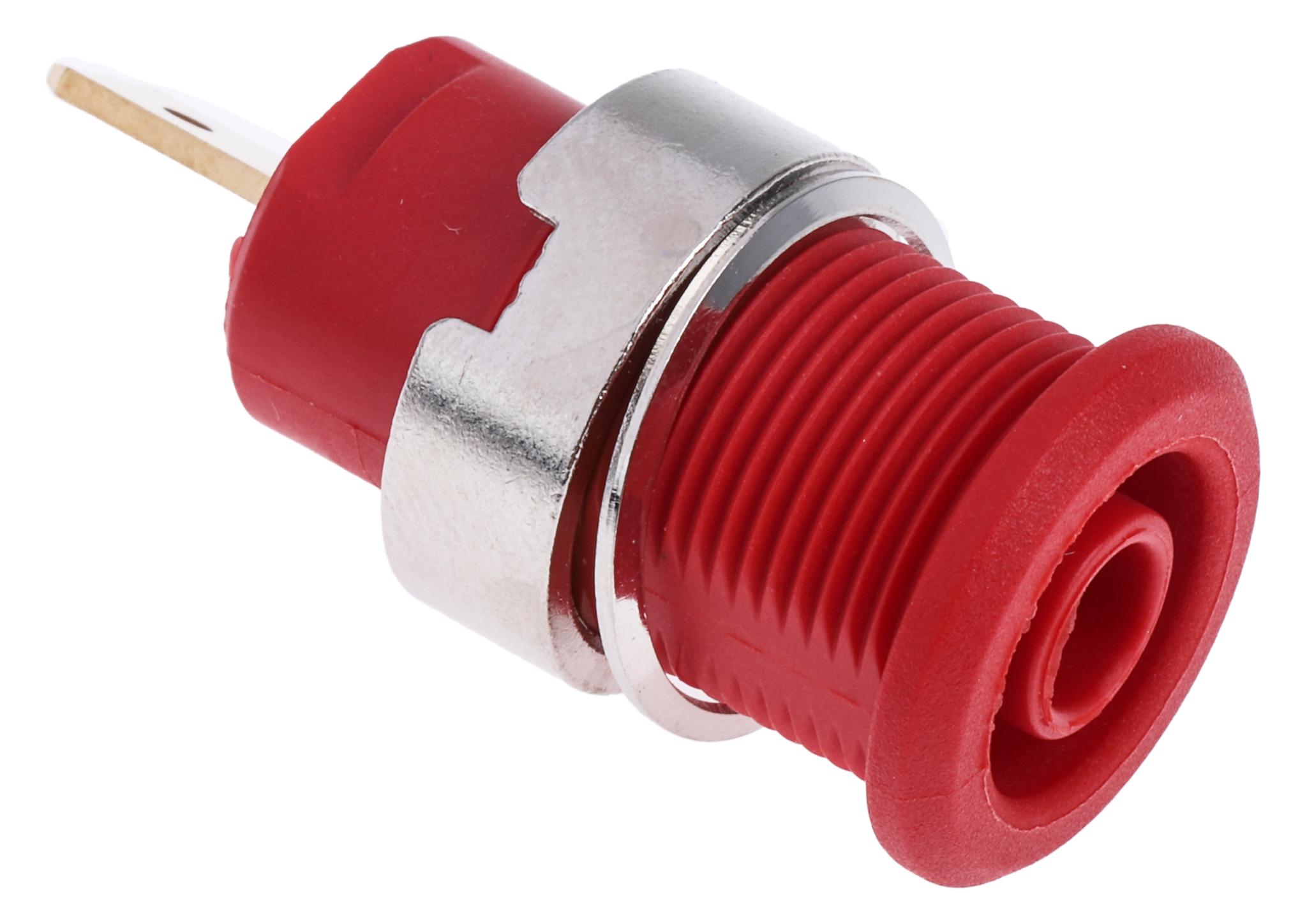 Produktfoto 1 von Stäubli 4 mm Bananenbuchse Rot, Kontakt vergoldet, 1000V / 24A Flachstecker