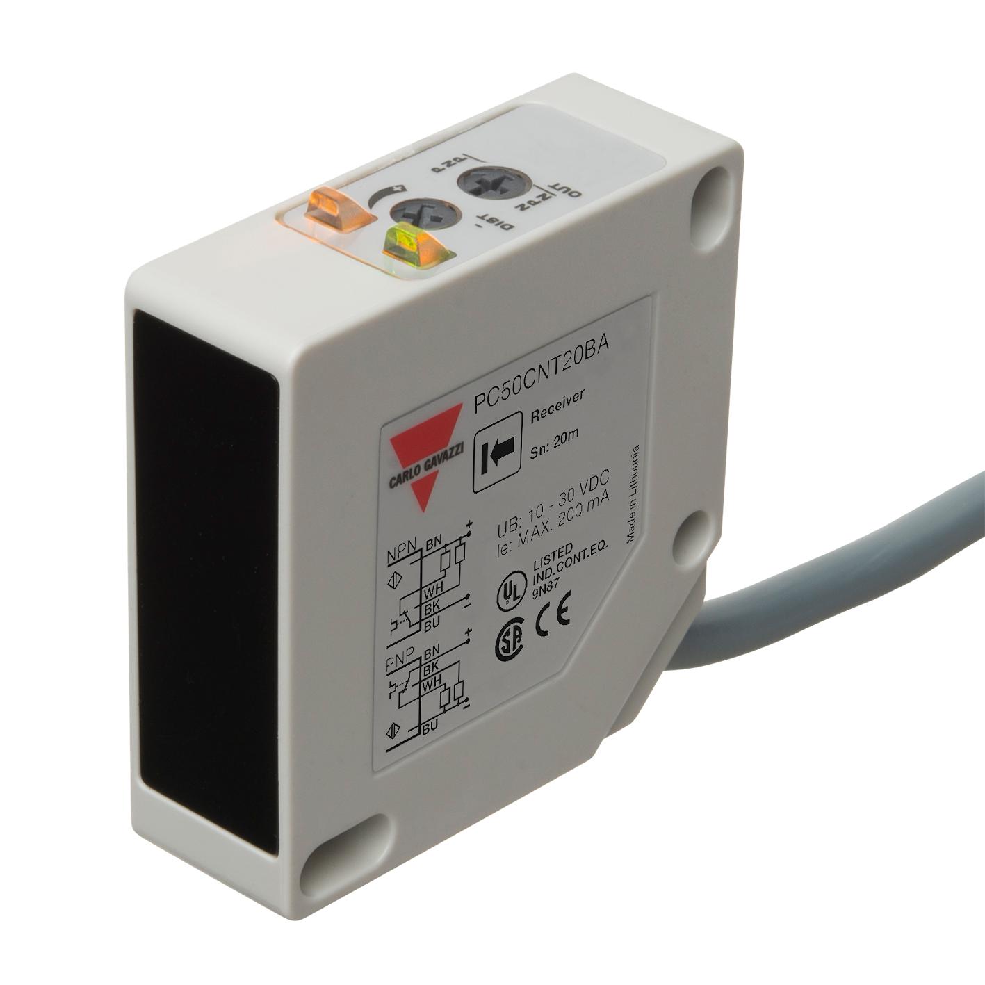 Produktfoto 1 von Carlo Gavazzi Rechteckig Optischer Sensor, Durchgangsstrahl, Bereich 20000 mm, NPN Ausgang, Anschlusskabel,