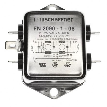 Produktfoto 1 von Schaffner FN2090 Entstörfilter, 250 V ac, 1A, Gehäusemontage 1.8W, Flachstecker, 1-phasig 0,5 mA / 0 → 400Hz Two