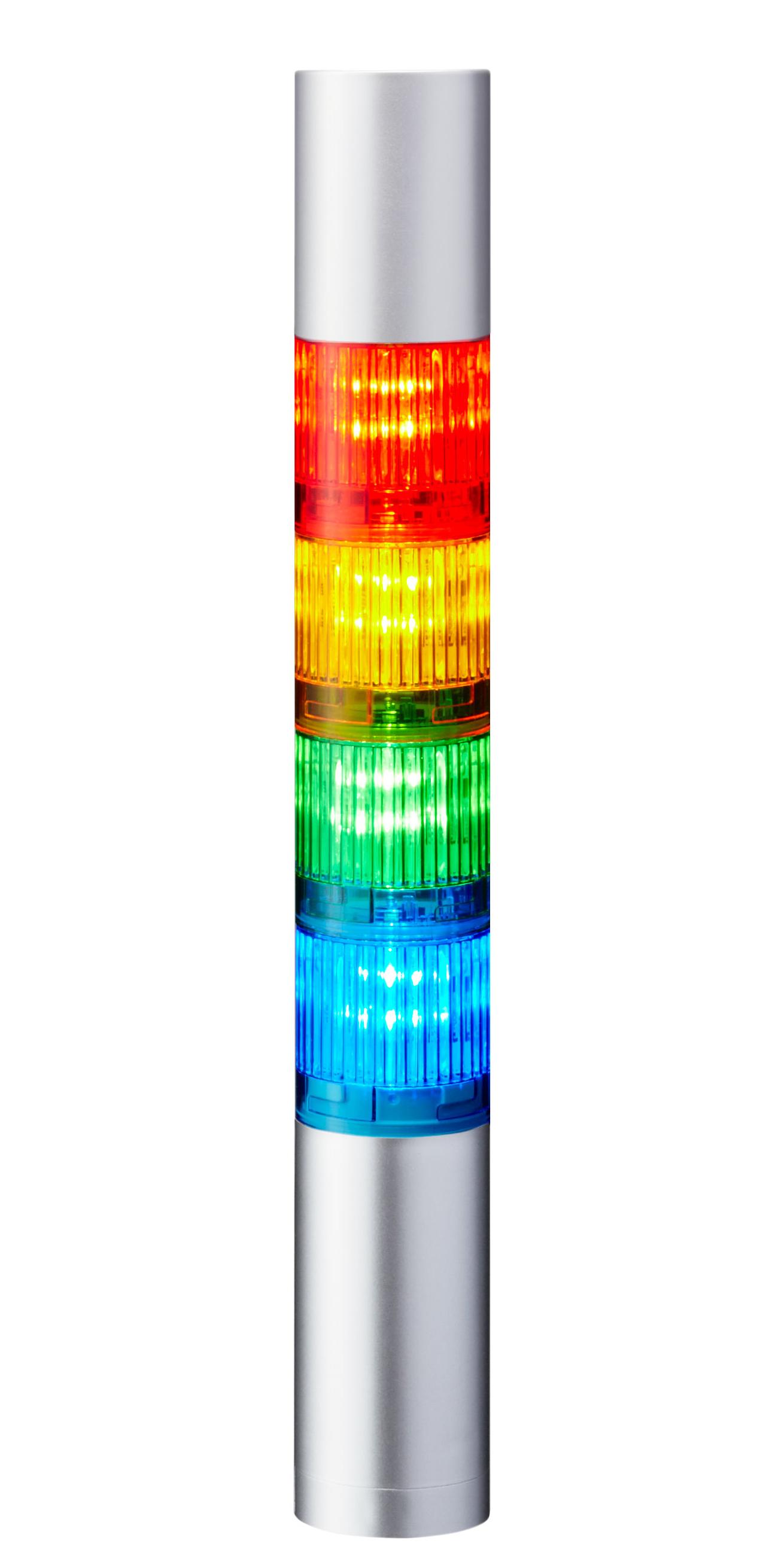 Produktfoto 1 von Patlite LR4 LED Signalturm bis 4-stufig mehrfarbig LED Rot/Gelb/Grün/Blau + Summer Blitz, Dauer 293.5mm Multifunktion