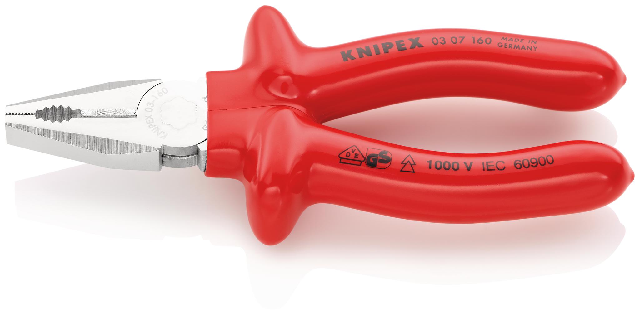 Produktfoto 1 von Knipex Kombizange, gebogen Schneidkraft → Kupferkabel: 10 mm harter Draht: 2 mm mittelharter Draht: 3,1 mm 160 mm VDE