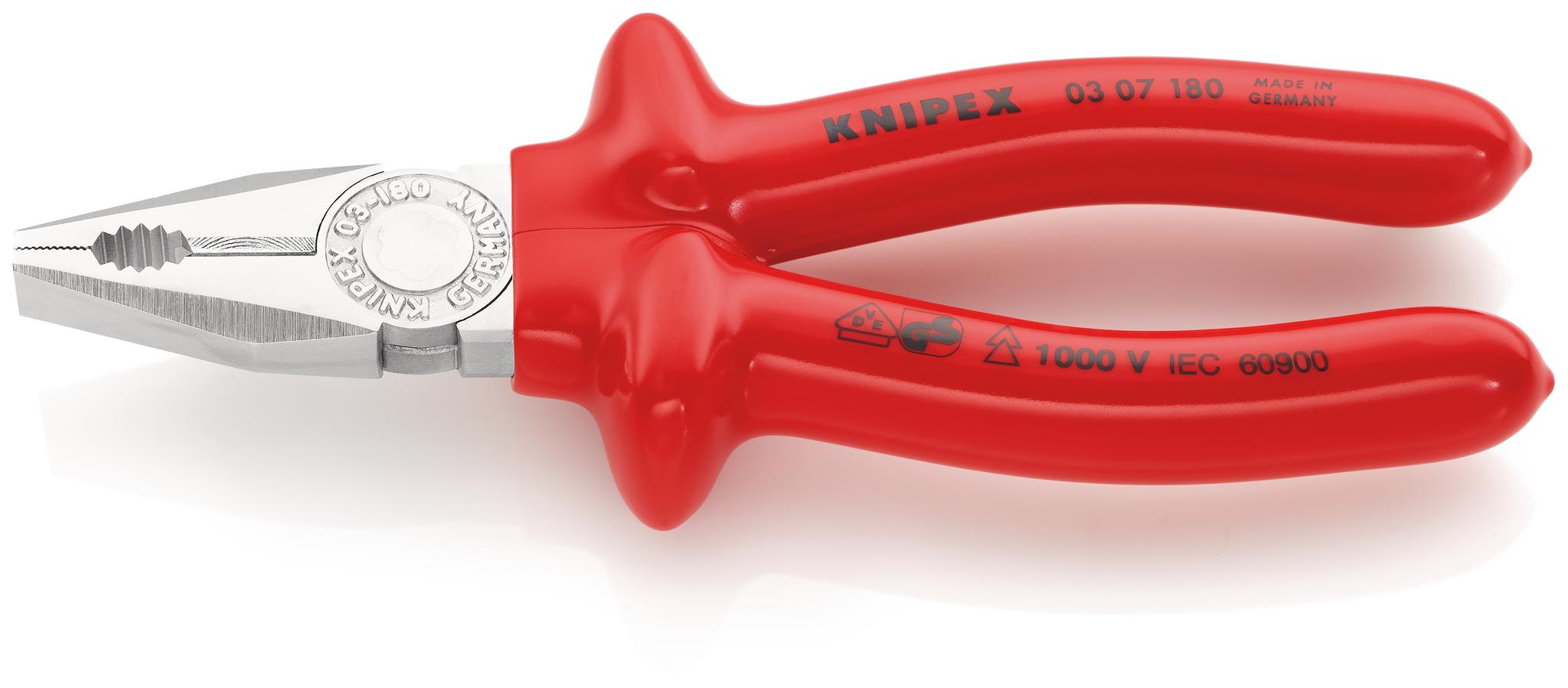 Produktfoto 1 von Knipex Kombizange, gebogen Schneidkraft → Kupferkabel: 12 mm Hartdraht: 2,2 mm Mittelharter Draht: 3,4 mm 180 mm VDE