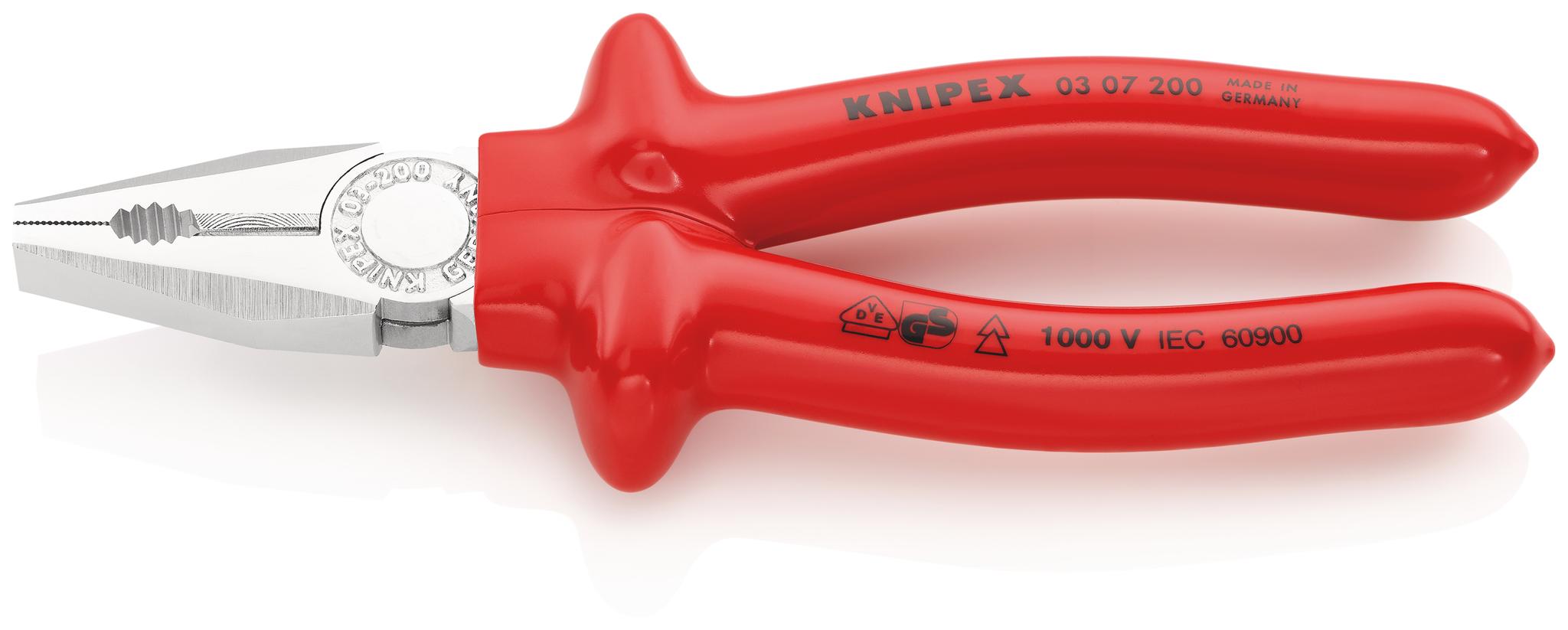 Produktfoto 1 von Knipex Kombizange, gebogen Schneidkraft → Kupferkabel: 13 mm harter Draht: 2,5 mm mittelharter Draht: 3,8 mm 200 mm VDE