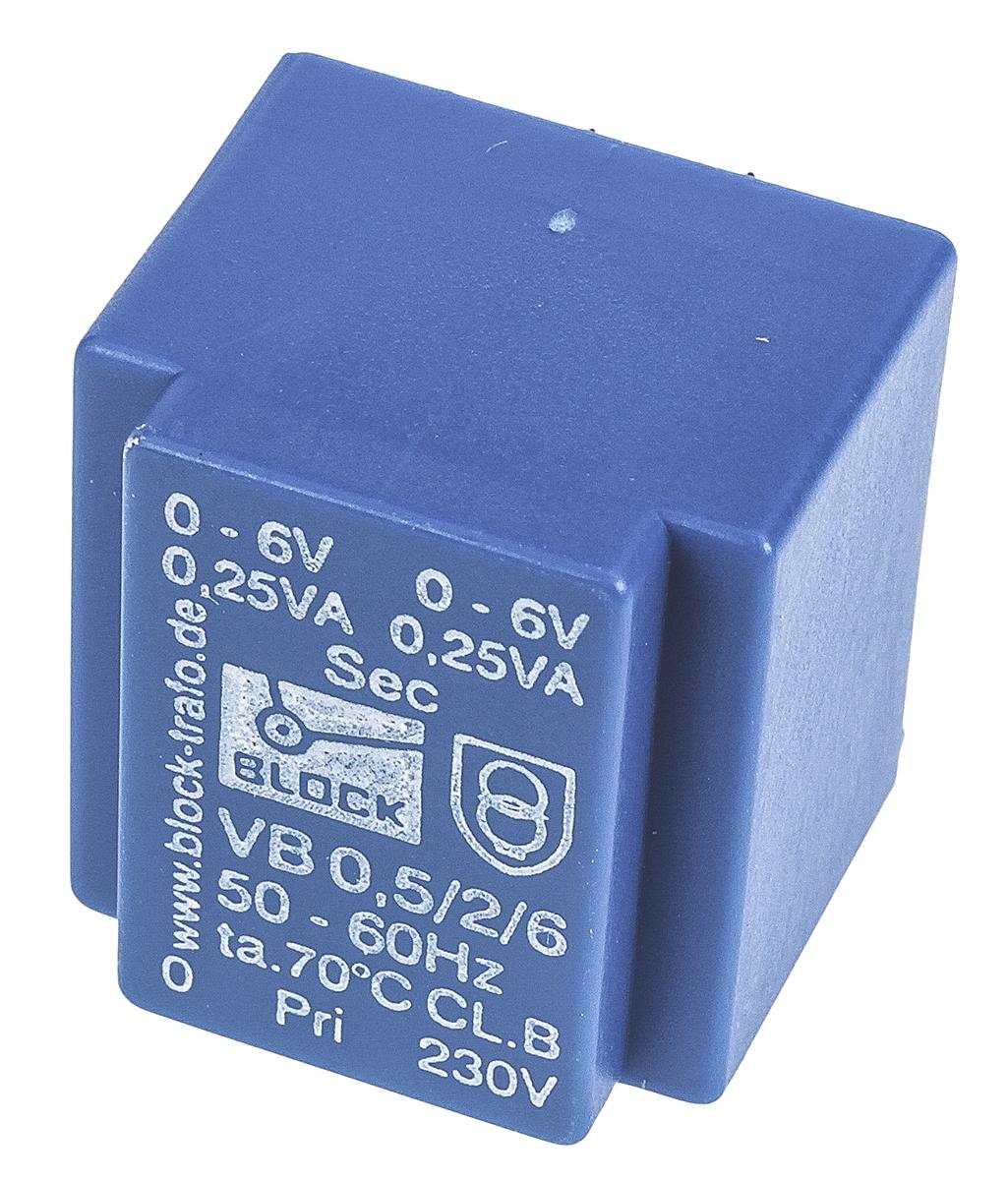 Block Printtrafo, Trafo 230V ac / 6V ac 0.5VA 2 Ausg. 22mm x 19mm x 22.7mm 35g Durchsteckmontage