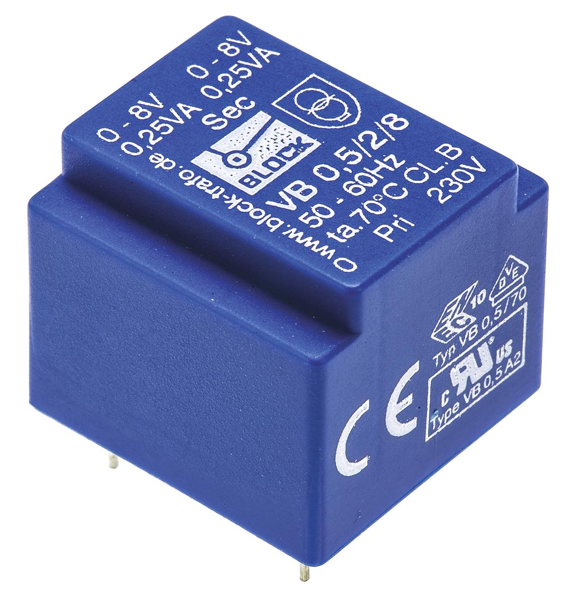 Block Printtrafo, Trafo 230V ac / 8V ac 0.5VA 2 Ausg. 22mm x 19mm x 22.7mm 35g Durchsteckmontage