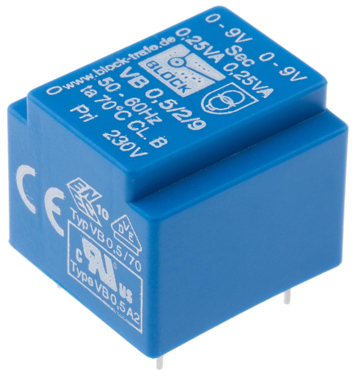 Block Printtrafo, Trafo 230V ac / 9V ac 0.5VA 2 Ausg. 22mm x 19mm x 22.7mm 35g Durchsteckmontage