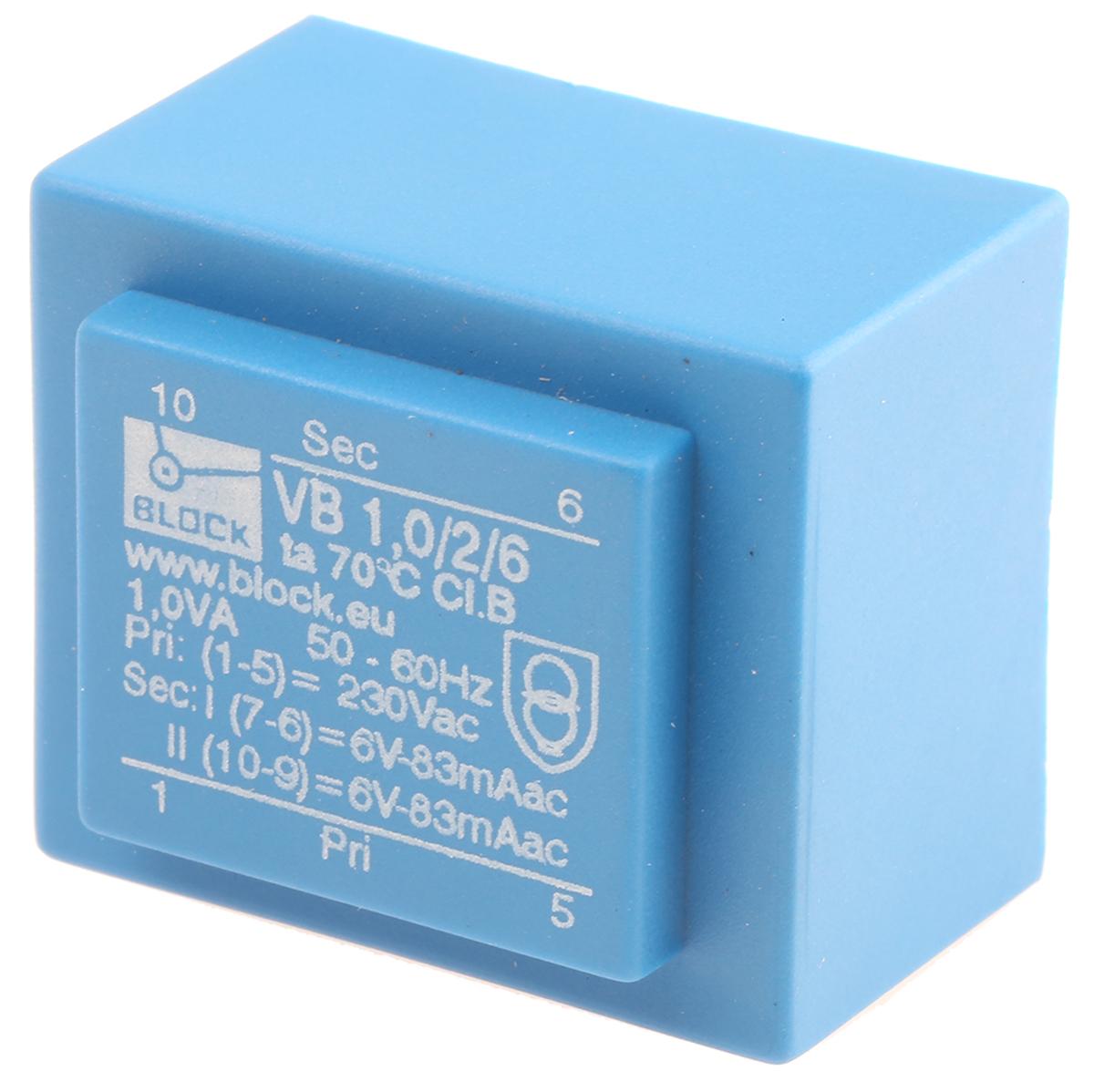 Block Printtrafo, Trafo 230V ac / 6V ac 1VA 2 Ausg. 32.3mm x 21.8mm x 27.3mm 72g Durchsteckmontage