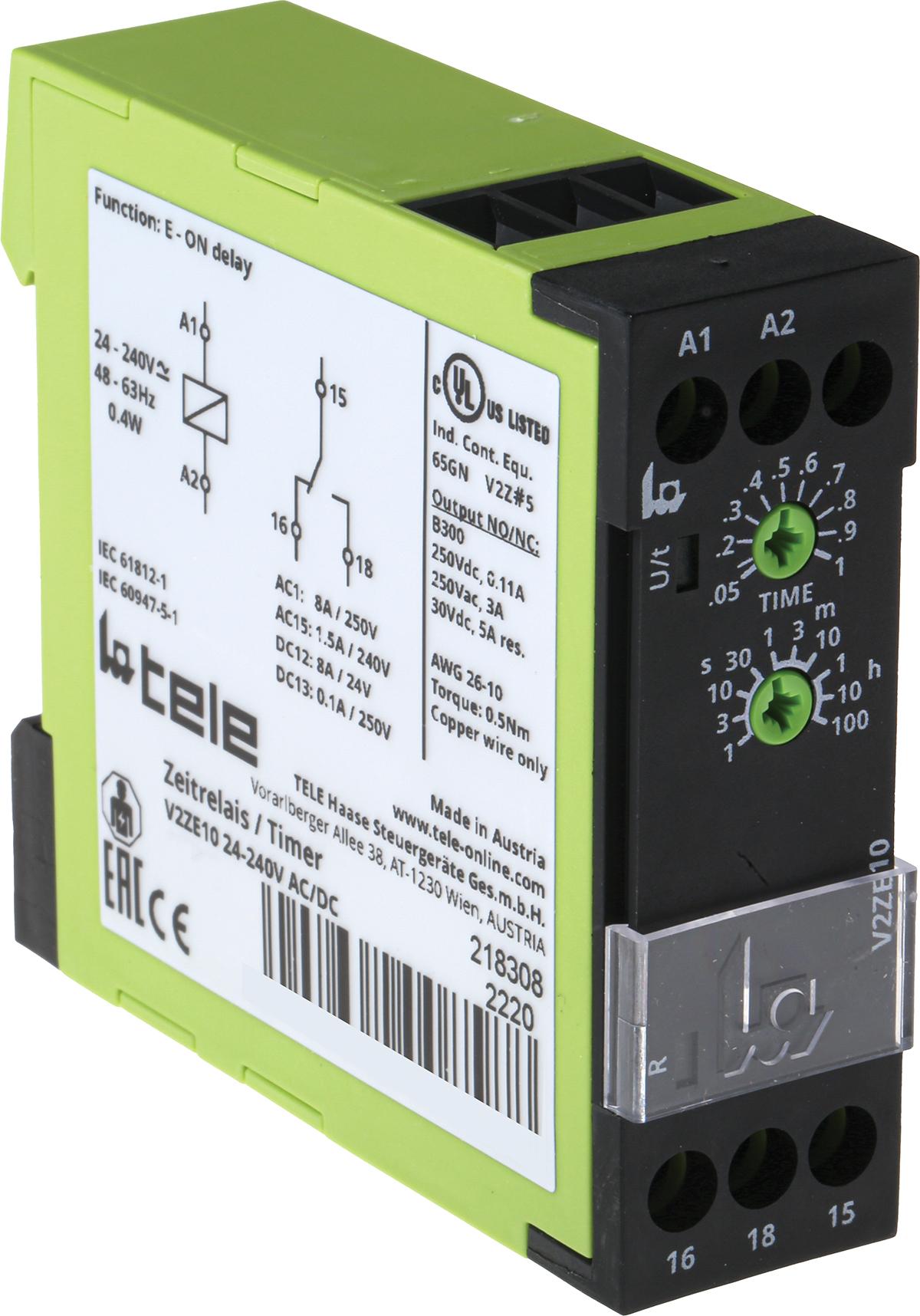 Tele V2ZE10 Zeitrelais, DIN-Schienen, 0,05s, 24 → 240V ac/dc, 1 Kont. Einfach, 1-poliger Wechsler