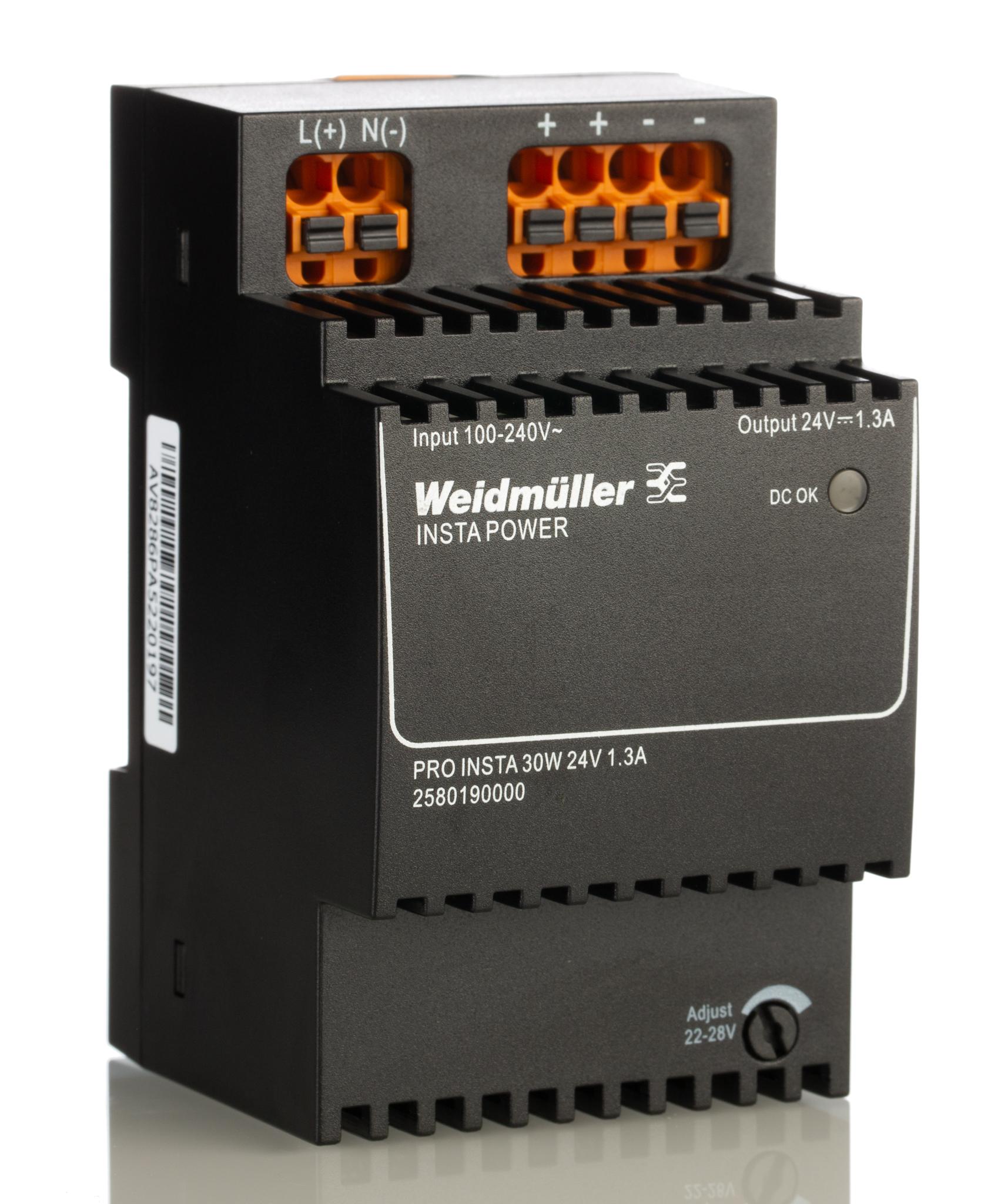 Produktfoto 1 von Weidmüller PRO INSTA DIN-Schienen Netzteil, 85 → 264V ac, 24V dc / 1.3A