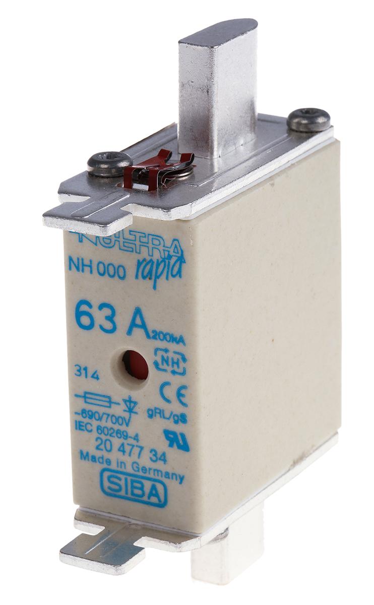 Produktfoto 1 von SIBA NH NH-Sicherung NH000, 690V ac / 63A FF, gRL DIN 43620-1, DIN 43653, IEC 60269-1, IEC 60269-2-1, IEC 60269-4