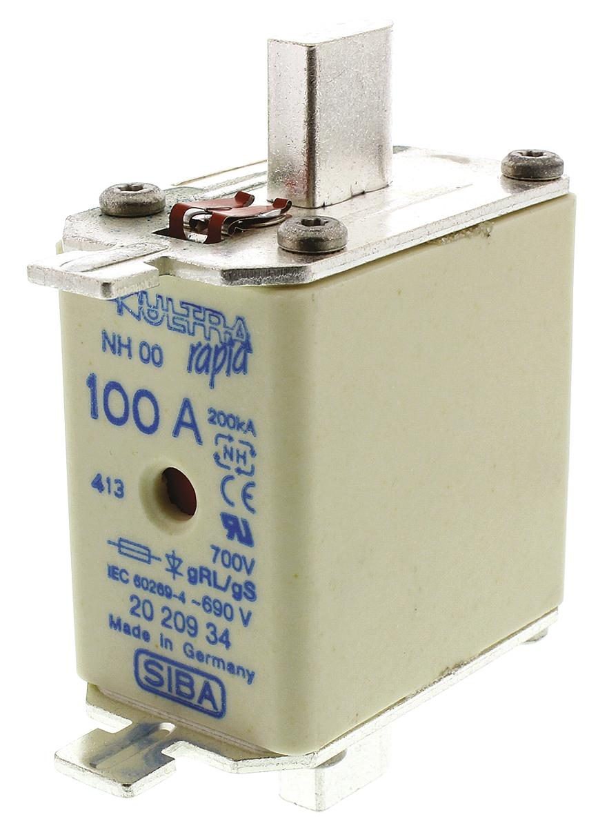 SIBA NH NH-Sicherung NH00, 690V ac / 100A FF, gRL DIN 43620-1, DIN 43653, IEC 60269-1, IEC 60269-2-1, IEC 60269-4