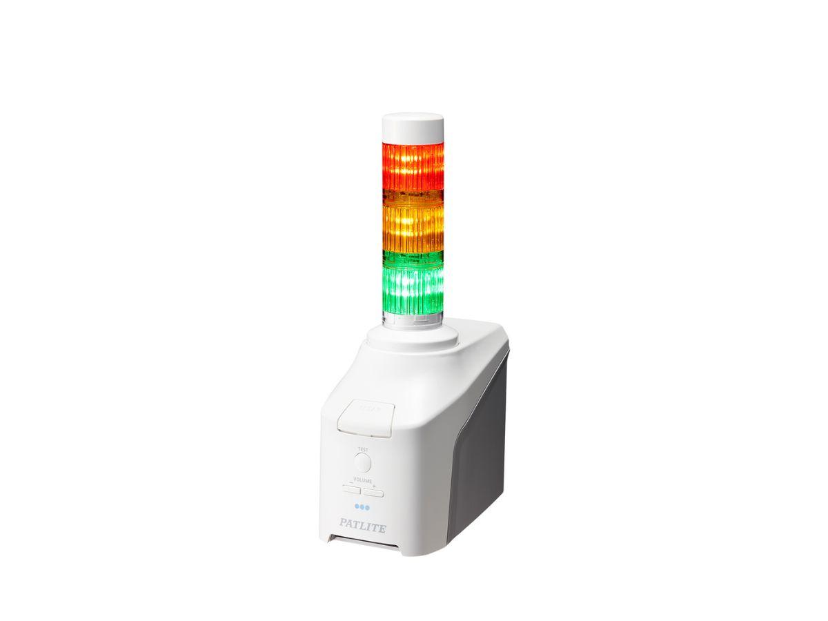 Produktfoto 1 von Patlite NHV4 LED Signalturm 3-stufig Linse Mehrfarbig LED Orange, Grün, Rot + Sprachansagesystem Verschiedene