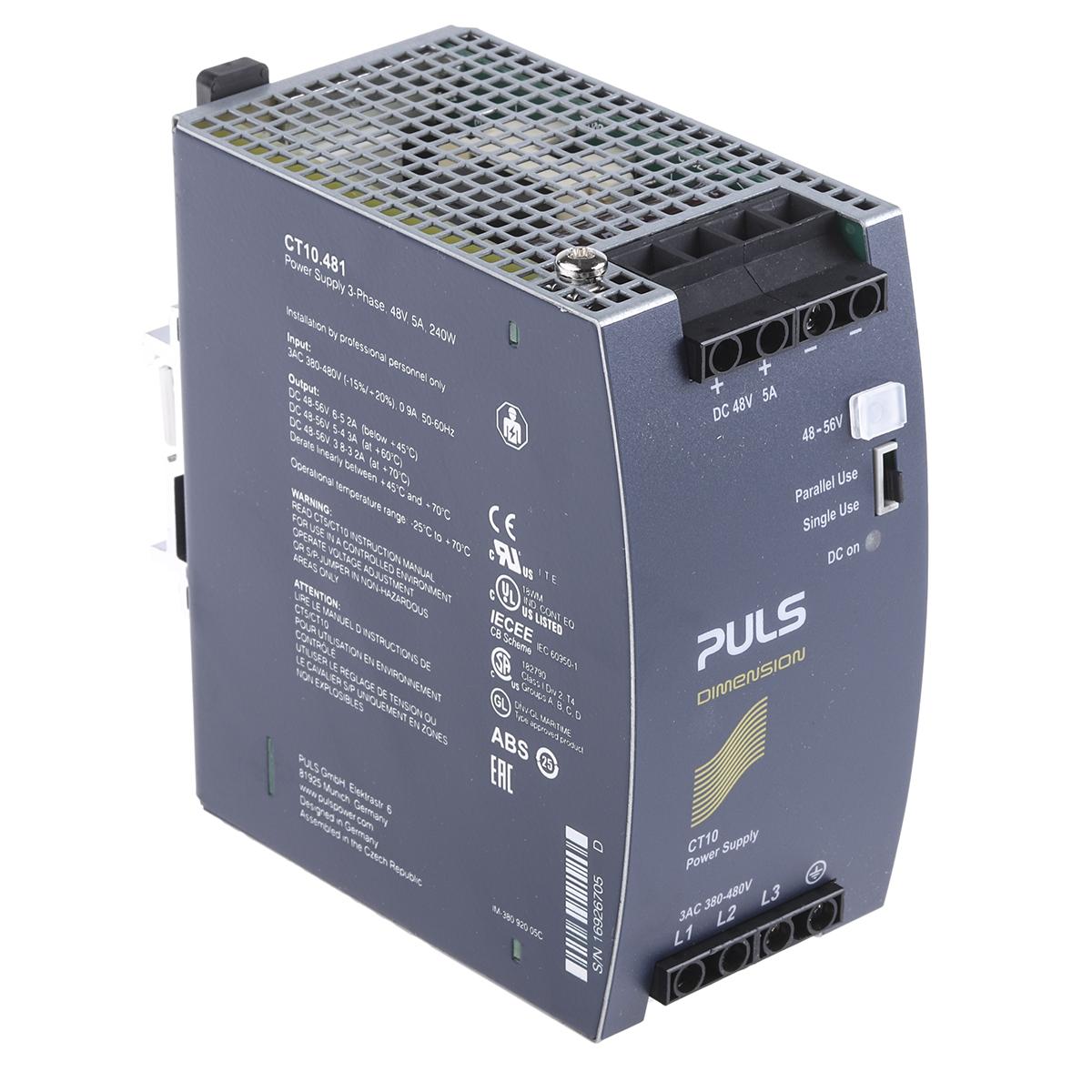 Produktfoto 1 von PULS DIMENSION C-Line 3-Phasen Switch-Mode DIN-Schienen Netzteil 240W, 380 → 480V ac, 48V dc / 5A