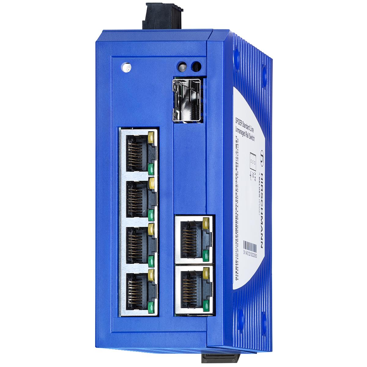 Produktfoto 1 von Hirschmann SPIDER Unmanaged Ethernet Switch, 6 x RJ45 / 1000Mbit/s, bis 20km für DIN-Schienen, 8, 9.6 → 32V dc