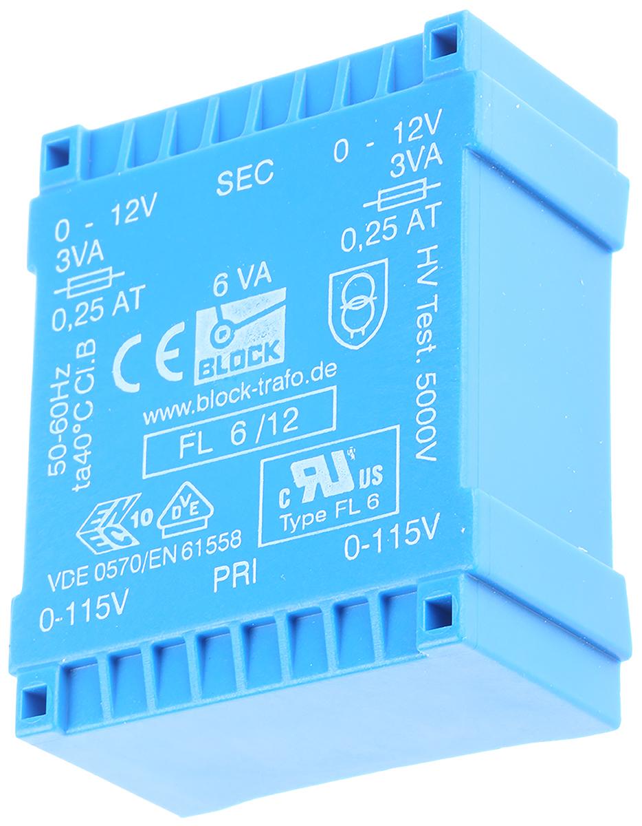 Block Printtrafo, Trafo 115V ac, 230V ac / 12V ac 6VA 2 Ausg. 53mm x 22.6mm x 44mm 175g Durchsteckmontage