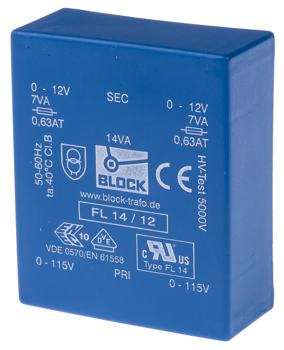 Block Printtrafo, Trafo 115V ac, 230V ac / 12V ac 14VA 2 Ausg. 68mm x 24.4mm x 57mm 315g Durchsteckmontage