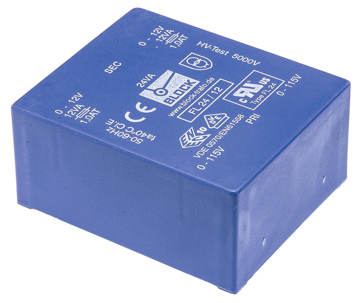 Block Printtrafo, Trafo 115V ac, 230V ac / 12V ac 24VA 2 Ausg. 68mm x 31.4mm x 57mm 445g Durchsteckmontage