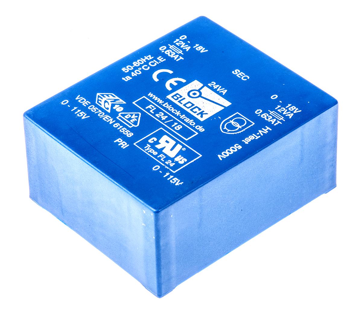 Block Printtrafo, Trafo 115V ac, 230V ac / 18V ac 24VA 2 Ausg. 68mm x 31.4mm x 57mm 445g Durchsteckmontage