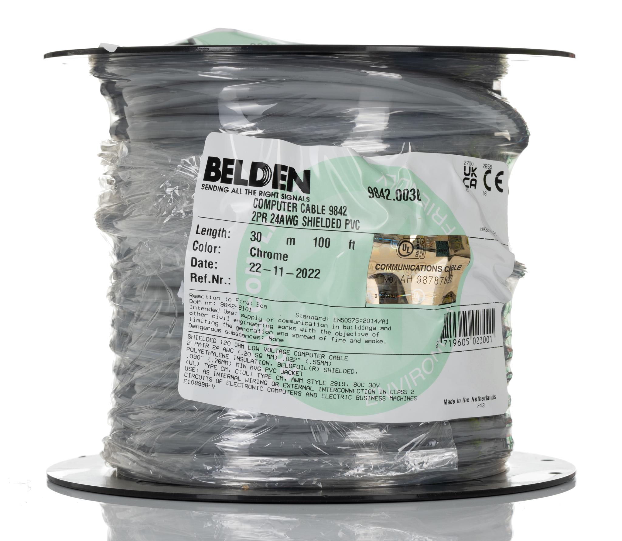 Produktfoto 1 von Belden 9842 Datenkabel, 2-paarig 0,25 mm² Ø 8.64mm, Kupfergeflecht geschirmt PVC isoliert Twisted Pair Chrom