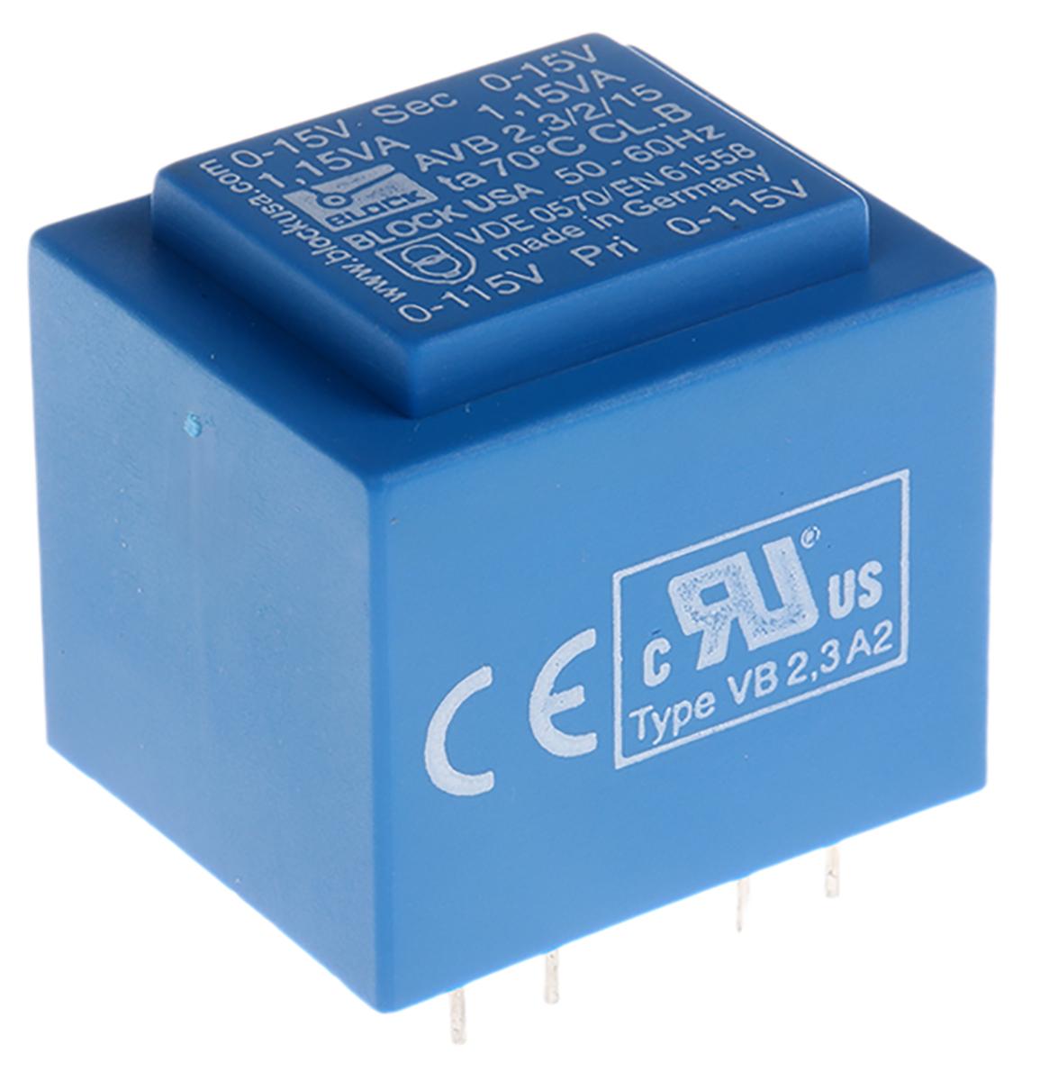 Block Printtrafo, Trafo 115 V ac, 230 V ac / 15V ac 2.3VA 2 Ausg. 32.3mm x 27.3mm x 34mm 110g Durchsteckmontage