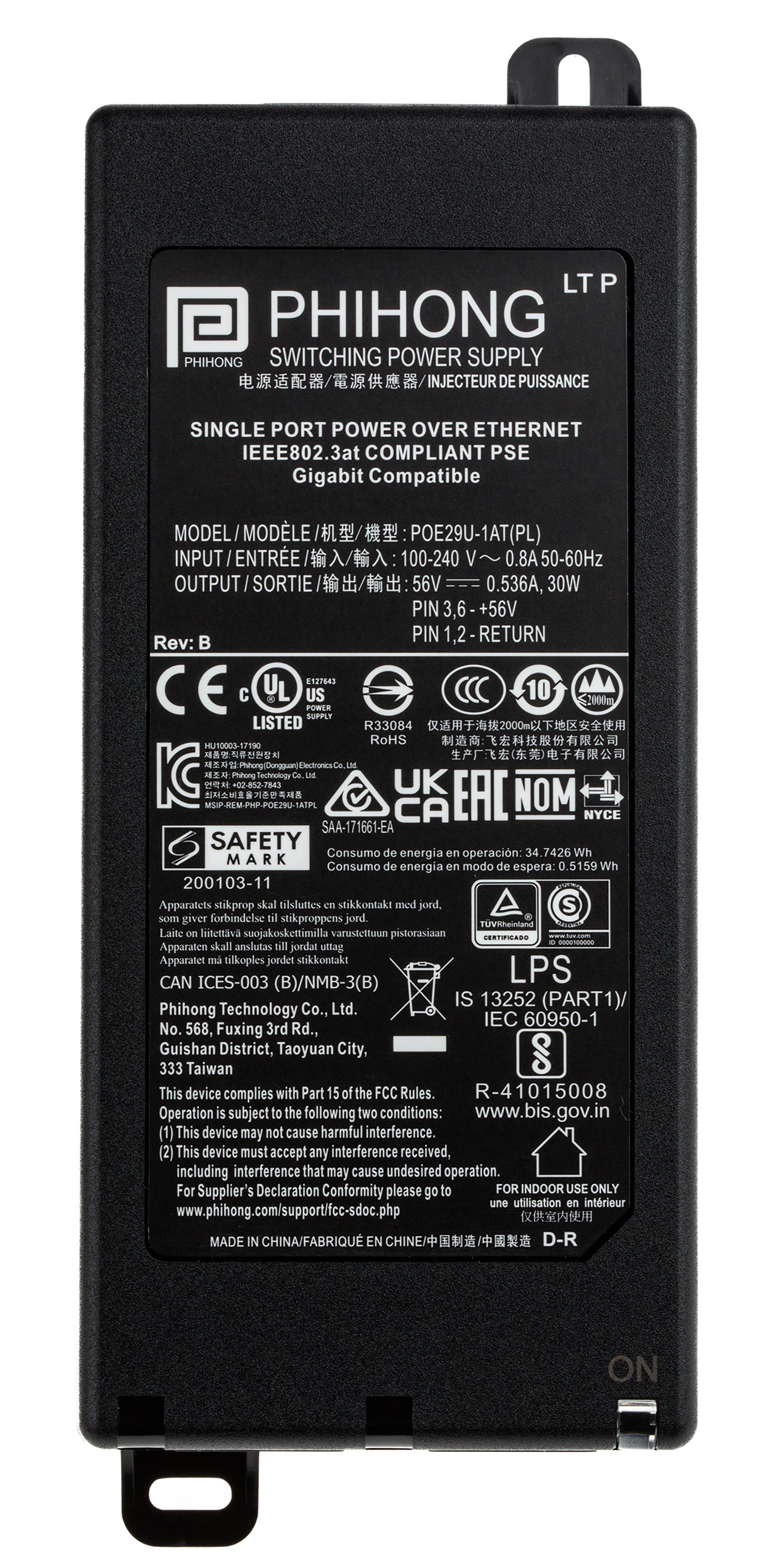 Produktfoto 1 von Phihong PoE Injektor 240V ac Input / 56V dc Output, 536mA 1 Port 30W