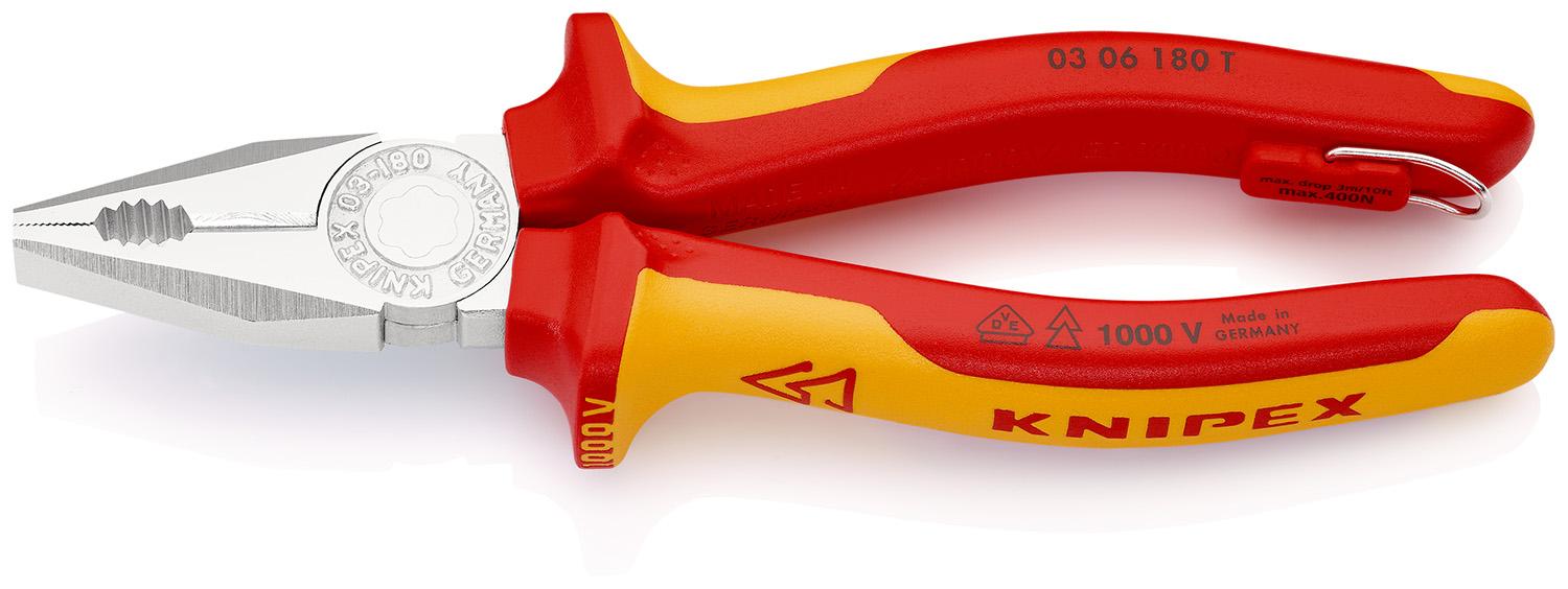 Produktfoto 1 von Knipex Kombizange, gebogen Schneidkraft → Kupferkabel: 12 mm Hartdraht: 2,2 mm Mittelharter Draht: 3,4 mm 180 mm VDE,