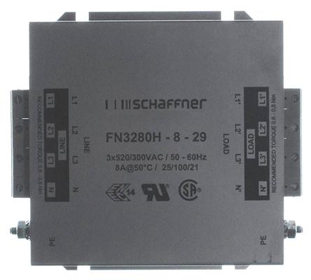 Produktfoto 1 von Schaffner FN 3280 Entstörfilter, 520 V ac, 8A, Flanschmontage 2.7W, Schraub, 3-phasig 1 mA / 60Hz