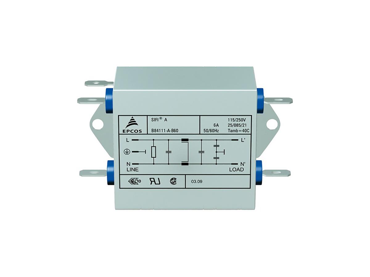 Produktfoto 1 von EPCOS B84111A Netzfilter, 250 V ac/dc, 1A, Flachstecker, 1-phasig 0,369 mA / 50/60Hz