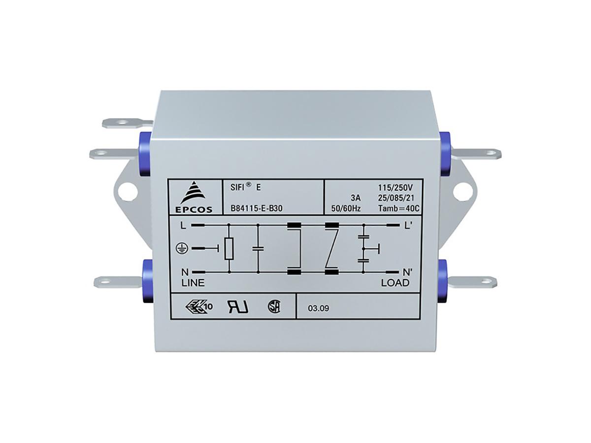 Produktfoto 1 von EPCOS B84115E Netzfilter, 250 V ac/dc, 3A, Flachstecker, 1-phasig 0,369 mA / 50/60Hz