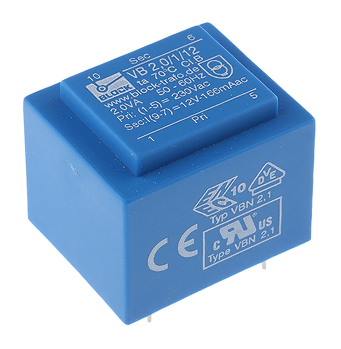 Block Printtrafo, Trafo 230V ac / 12V ac 2VA 1 Ausg. 32.3mm x 27.3mm x 26.8mm 100g Durchsteckmontage