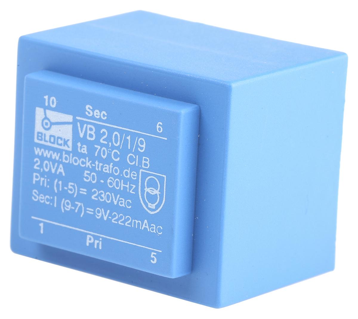 Block Printtrafo, Trafo 230V ac / 9V ac 2VA 1 Ausg. 32.3mm x 27.3mm x 26.8mm 100g Durchsteckmontage